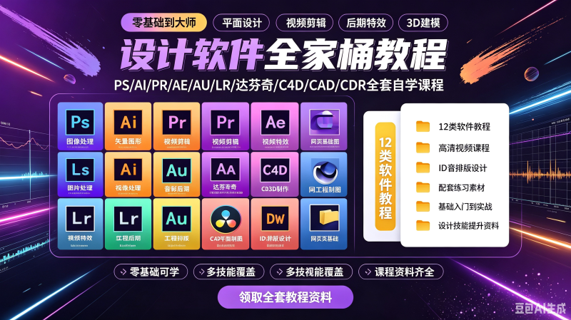 ps教程PR视频ae课程资料c4d平面设计达芬奇调色ai矢量零基础入门-创米阁｜副业实操经验分享